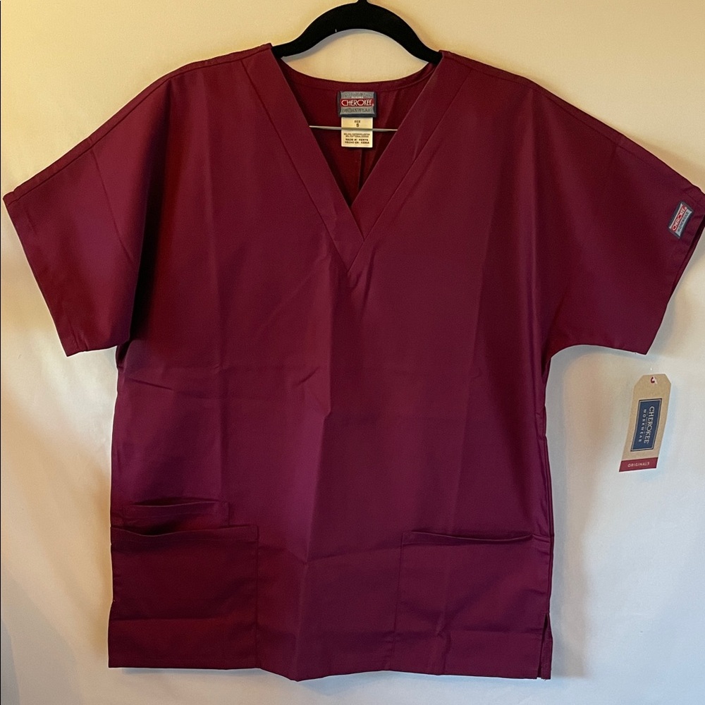 Cherokee Wine V-Neck‎ Scrub Top healthcare nurse